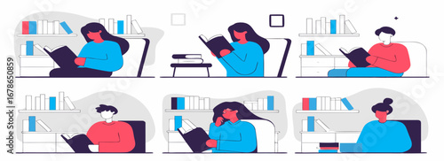 A series of illustrated scenes depicting people reading books in a cozy home environment with bookshelves and soft colors.