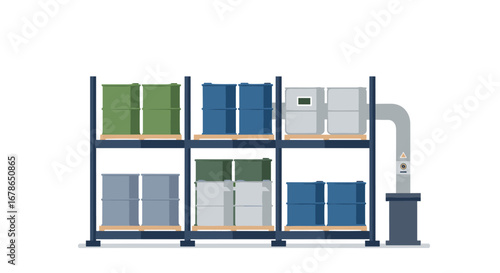 Warehouse containers on shelves with automated conveyor belt in flat design