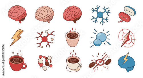 Creative brain and coffee elements with scientific icons in cartoon style