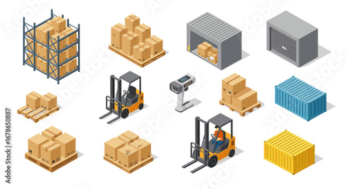 Isometric warehouse logistics with forklift and storage solutions