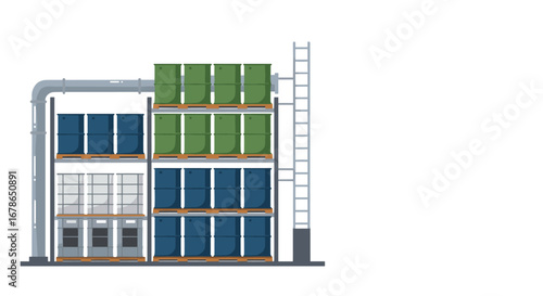 Warehouse storage system with stacked industrial barrels and ladder