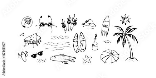 Collection of summer-themed doodles including palm trees, surfboards, sunglasses, and beach elements.