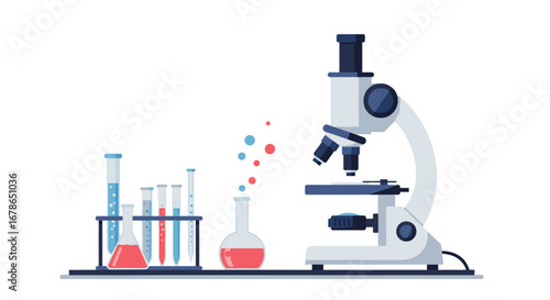 Modern laboratory equipment with microscope and test tubes on white background