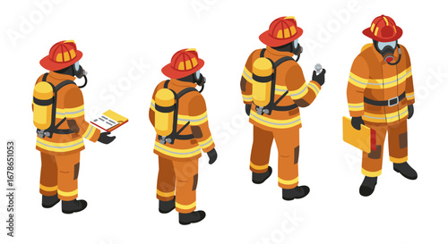 Isometric firefighters in protective gear with equipment and tools