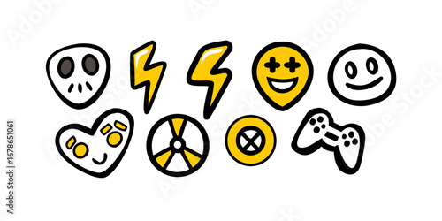 Colorful collection of hand-drawn emoticons featuring various facial expressions, symbols, and forms showcasing emotions.