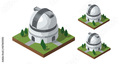 Isometric observatory dome on platform with greenery and pathways