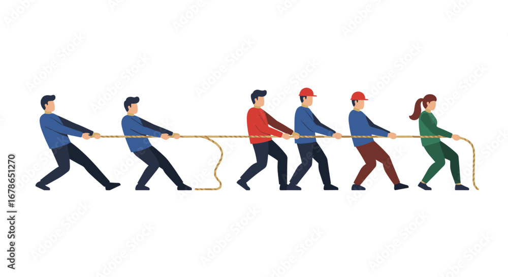 Obraz premium Teamwork challenge: diverse group playing tug of war in flat design