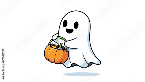 Cute cartoon ghost holding pumpkin pail for trick or treat Halloween