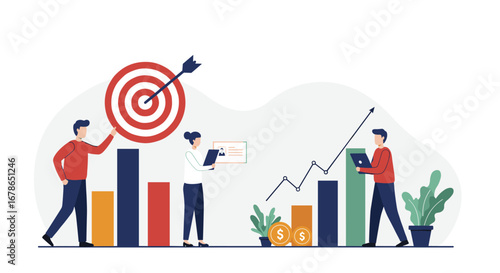 Business team achieving targets with graphs and growth charts in modern flat design
