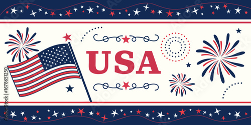 An illustration featuring the national flag of the United States with fireworks and decorative elements, symbolizing celebration and patriotism.