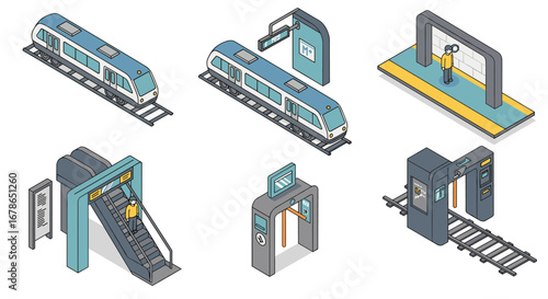 Isometric urban public transport icons with trains, stations, and passenger elements