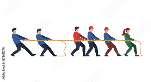 Teamwork challenge: diverse group playing tug of war in flat design