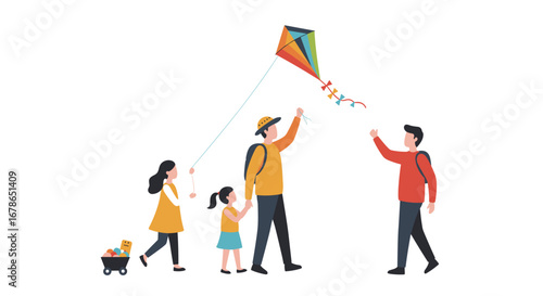 Family enjoying outdoor activities with kite and wagon on a sunny day