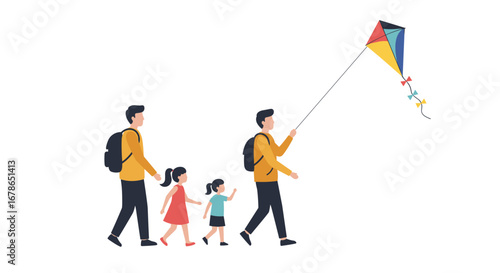Family enjoying outdoor leisure time with colorful kite