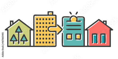 Illustration of various buildings including houses and an office, depicting urban development and architecture.