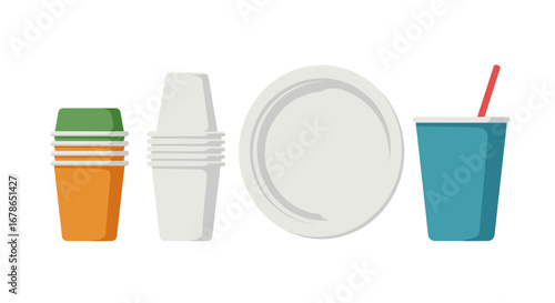 Disposable tableware: cups, plates, and straws in modern flat design