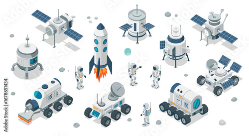 Isometric space exploration: futuristic rocket and astronauts on lunar mission