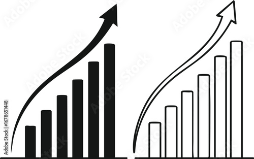 Two stylized bar graphs with an upward-pointing arrow, symbolizing growth and progress.
