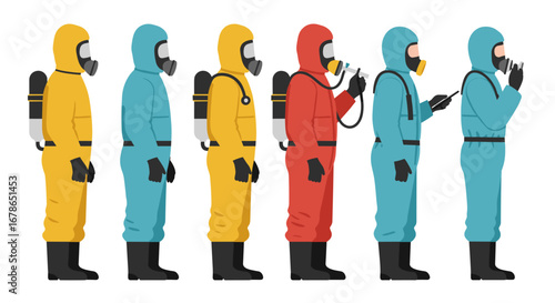 Protective hazmat suits in flat design showing safety equipment sequence