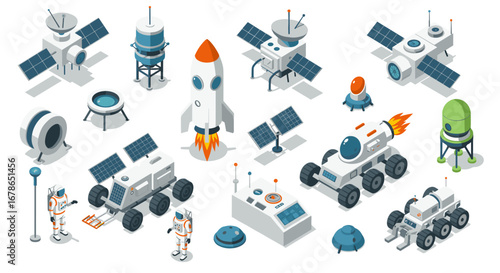 Futuristic isometric space exploration set with robots, rockets, and satellites