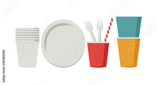 Colorful disposable tableware set with cups, plate, and cutlery for parties