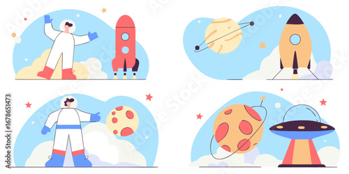 Four playful illustrations depicting an astronaut exploring planets, spacecraft, and unidentified flying objects in a colorful cosmic setting