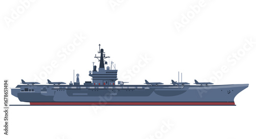 Aircraft carrier side view with jet planes on deck in flat design