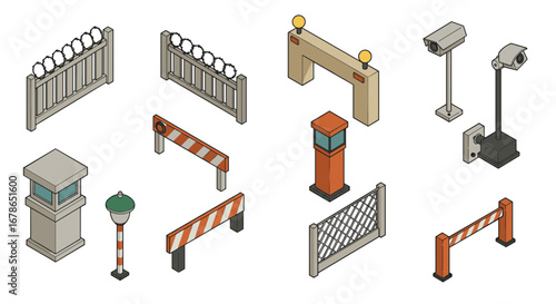 Isometric security elements set - barriers, cameras, gates, and fences in modern design