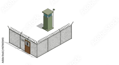 Isometric prison guard tower and barbed wire fence on white background