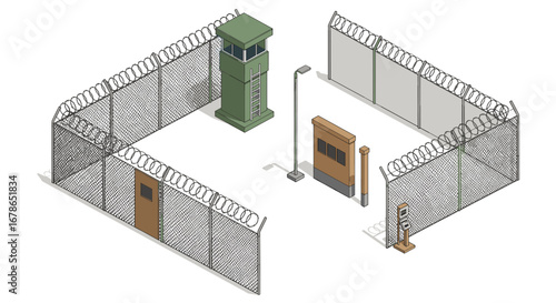 Isometric security fencing with watchtower and barbed wire perimeter