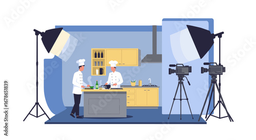 Chefs cooking in studio setting with professional equipment and lighting setup for culinary show