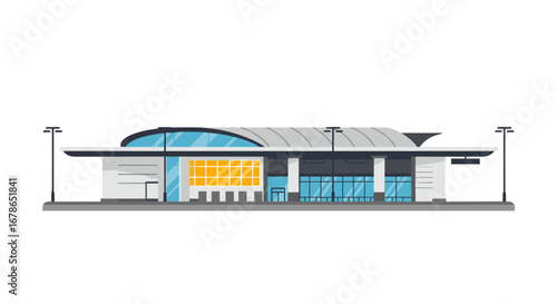 Modern flat style airport terminal building with large windows and exterior design