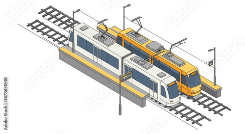 Modern urban tram station isometric design with two trains in motion