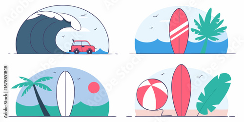 Illustration of beach scenes featuring surfing, palm trees, ocean waves, and a vibrant car.