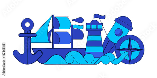 Colorful nautical illustration featuring a vessel, coastal tower, anchor, and navigational instrument with wavy water background.