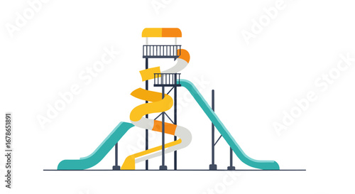 Colorful water slide tower with spiral and straight chutes in minimalist style