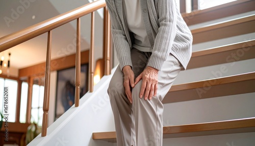 膝をさすりながらゆっくりと慎重に階段を降りる高齢者  膝の痛みとシニアライフのイメージ