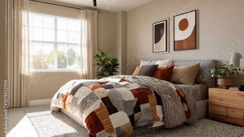 Cozy modern bedroom with patchwork quilt and natural light