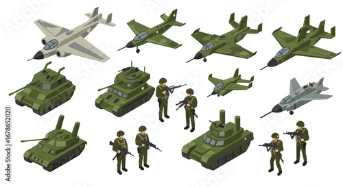 Isometric military vehicles and soldiers in classic green camouflage