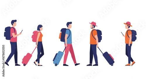 Travelers in trendy attire with luggage backpacks walking silhouettes