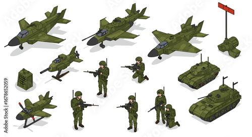 Military isometric assets: soldiers, tanks, and aircraft collection for strategy games