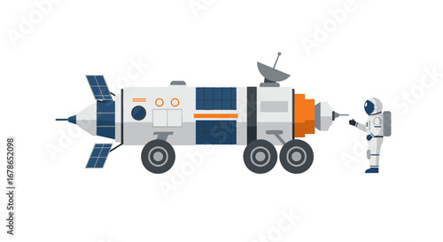 Futuristic space rover with astronaut in flat design for science exploration concepts