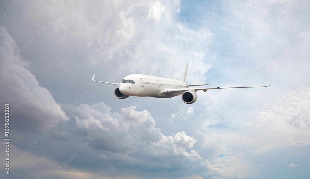 Obraz premium White passenger airplane flying in the sky amazing clouds in the background - Travel by air transport