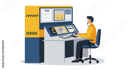 Dispatcher at taxi command center monitors fleet using screens in modern control room