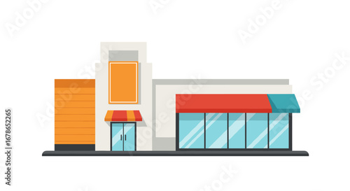 Modern flat design storefront with colorful awnings and large windows