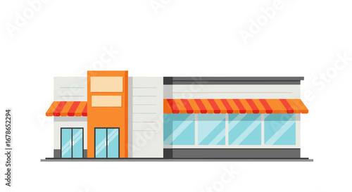 Modern flat design storefront with large windows and red awning