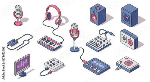 Isometric music equipment icons featuring microphones, headphones, and sound mixers