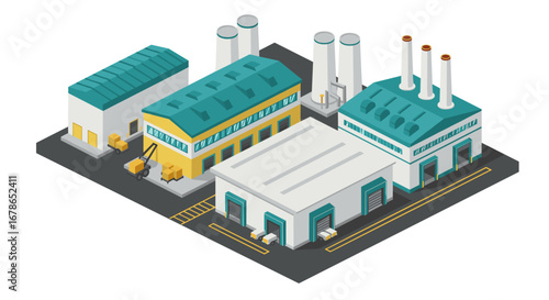 Isometric industrial complex with factories and warehouses in modern design