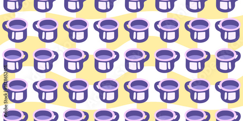 Seamless Cartoon Cooking Pot Pattern. Purple cooking pots in cartoon flat style. Seamless kitchen utensil illustration on yellow background.