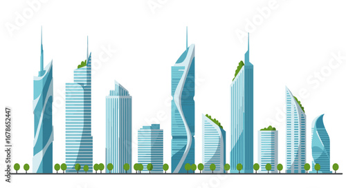 Futuristic cityscape with skyscrapers and green rooftops on a white background